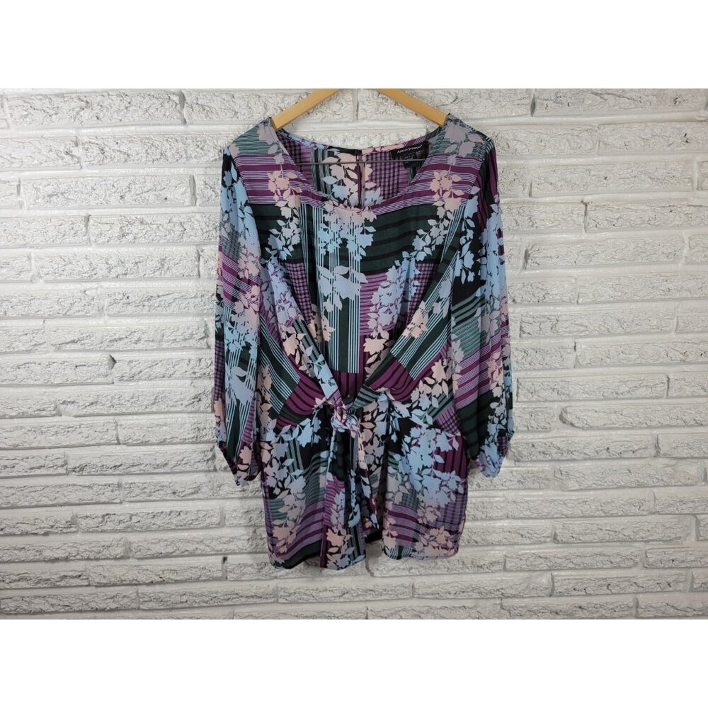 Ashley Stewart Womens Top 18 20 Plus 3/4 Sleeve Tie Purple Floral Sheer FLO25E